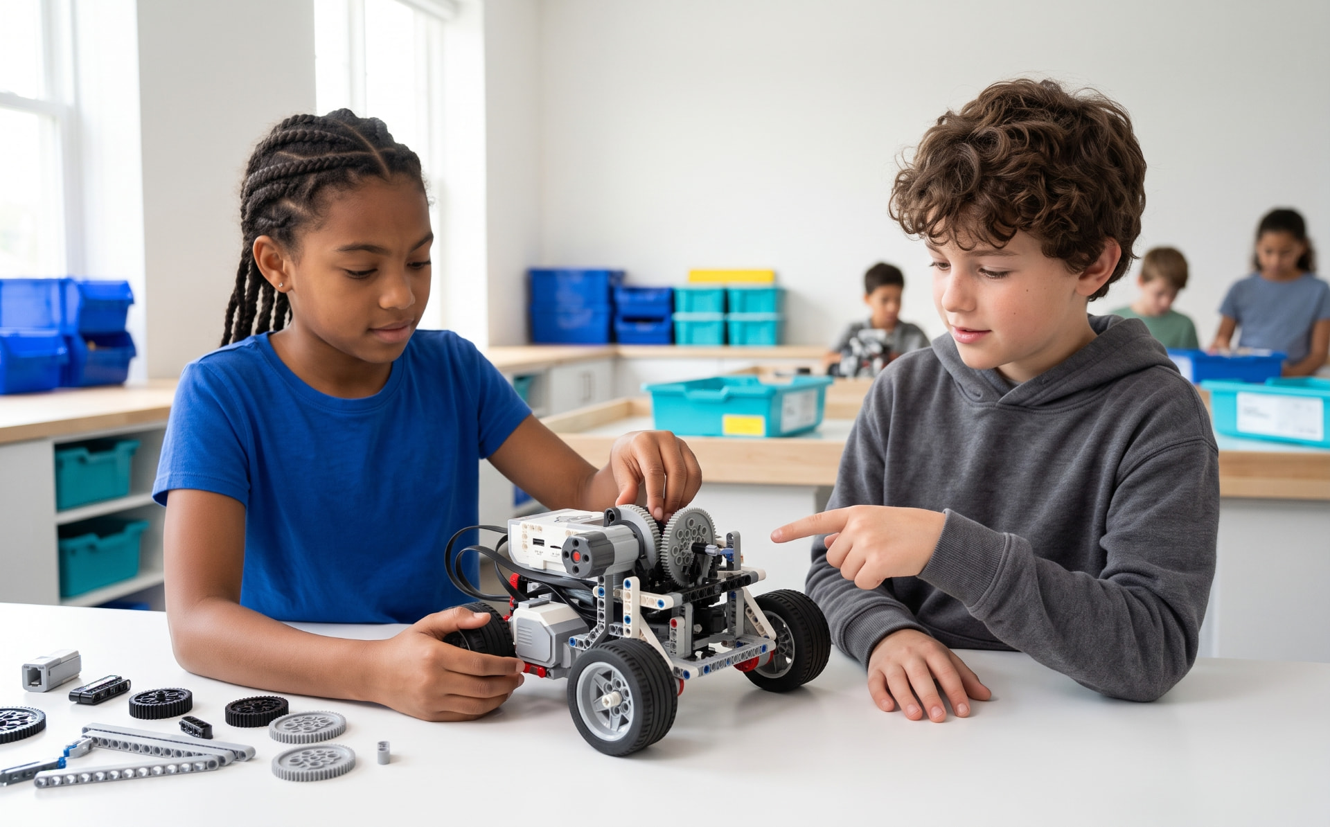 Two students collaborating on a wheeled educational robot in a robotics classroom.