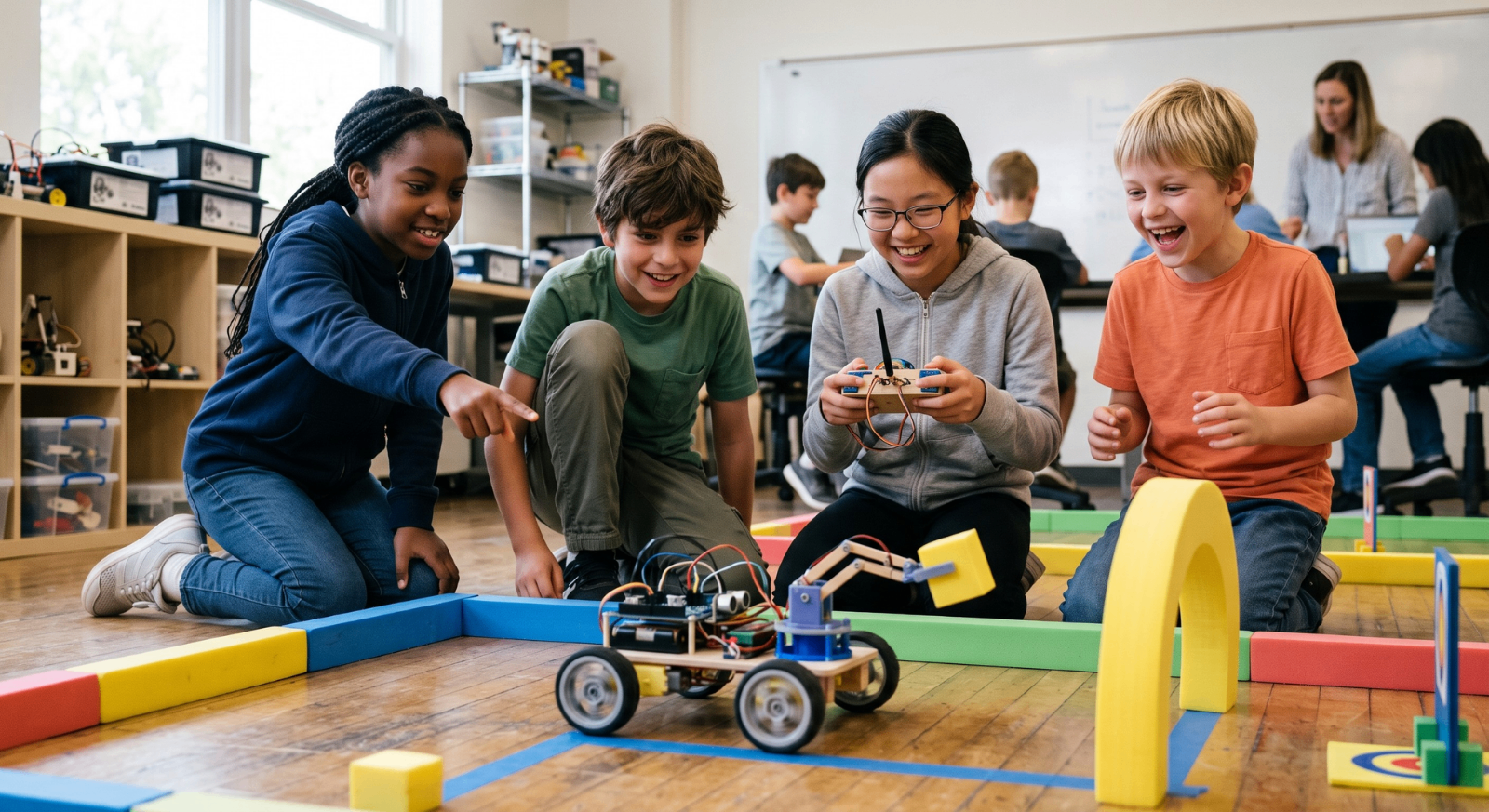 A group of students cheering around a robot completing a floor challenge course