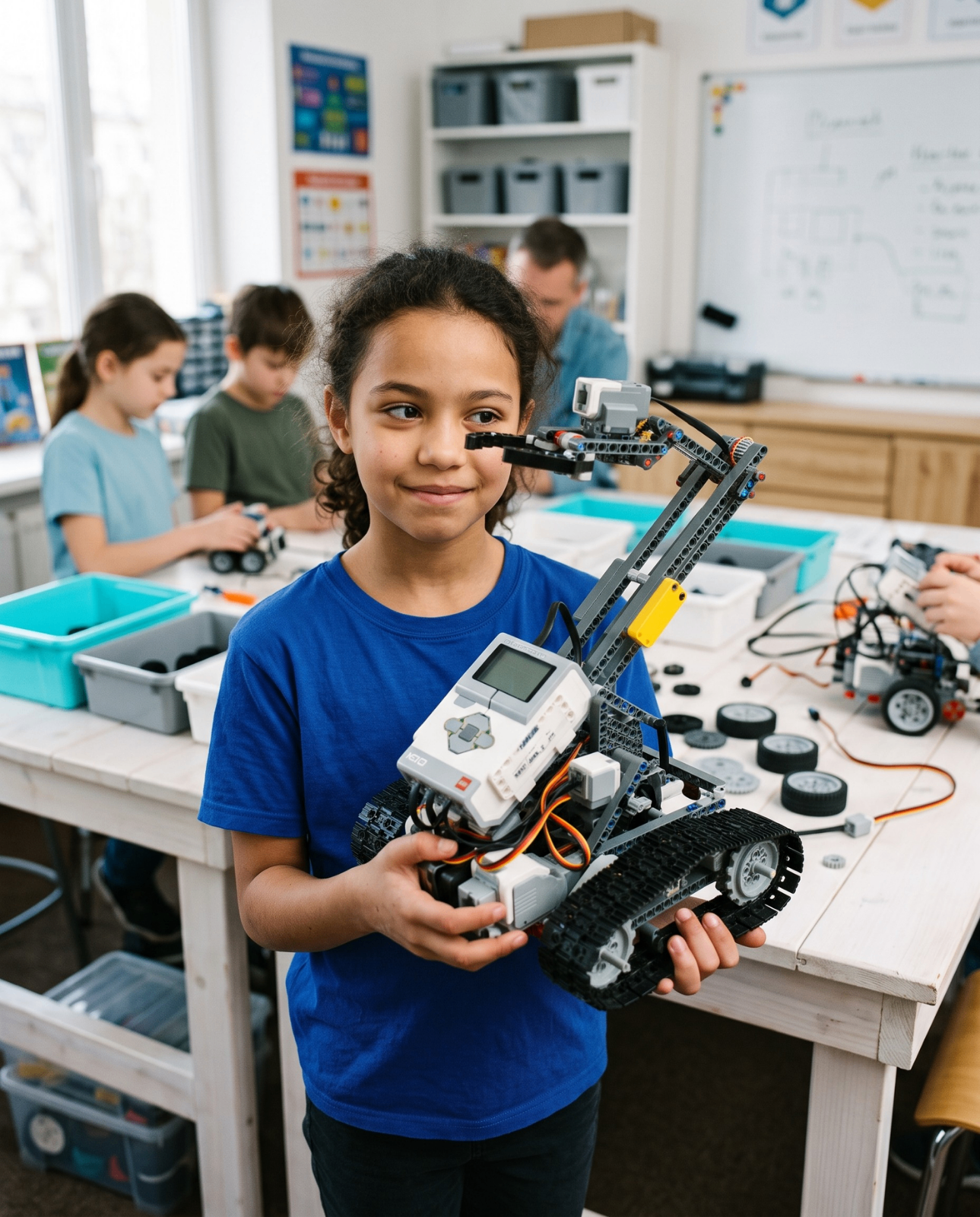 A student proudly holding a tracked robot with a mechanical arm in a robotics classroom